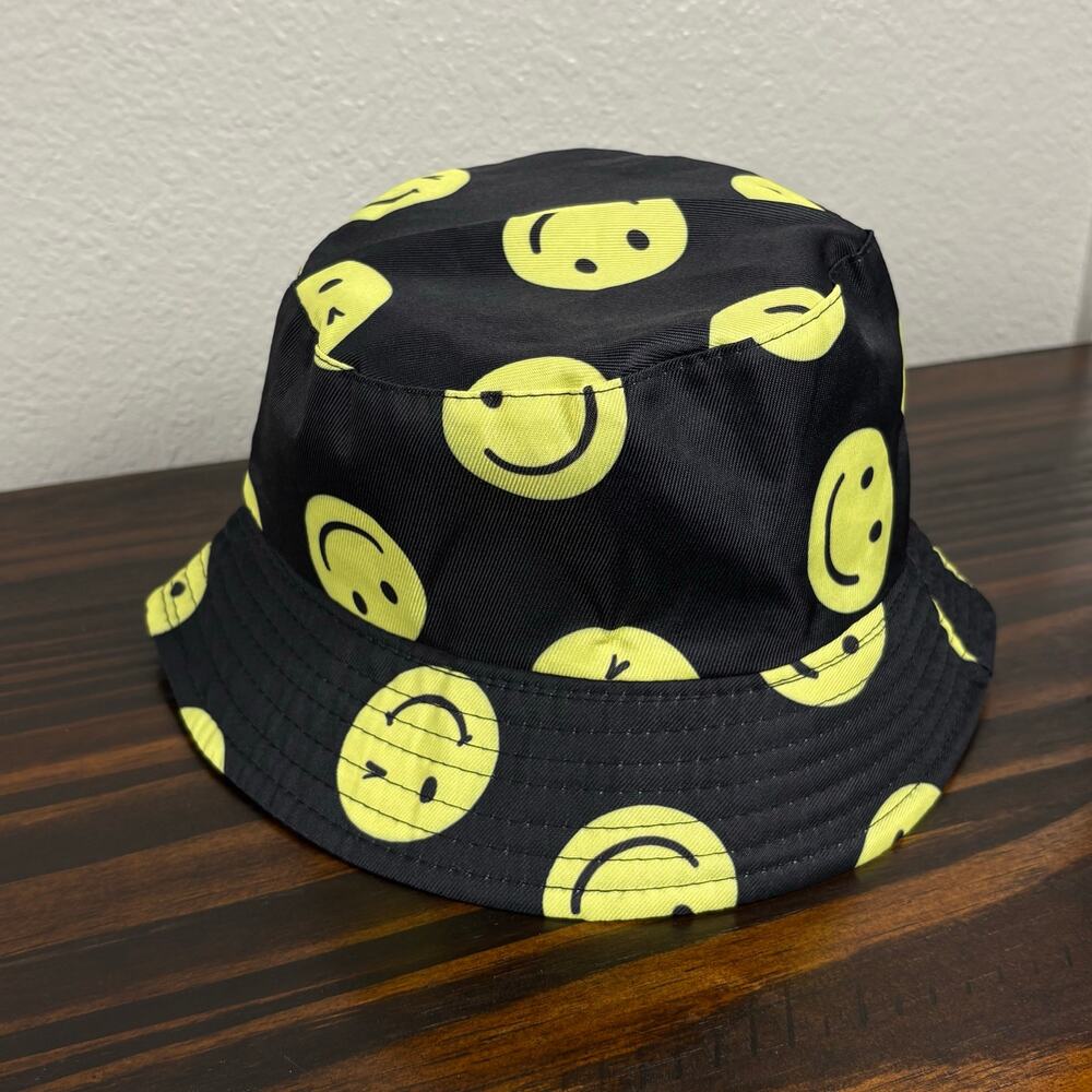 Black Smiley Face Bucket Hat Yellow Novelty Jokester Hipster Smiles